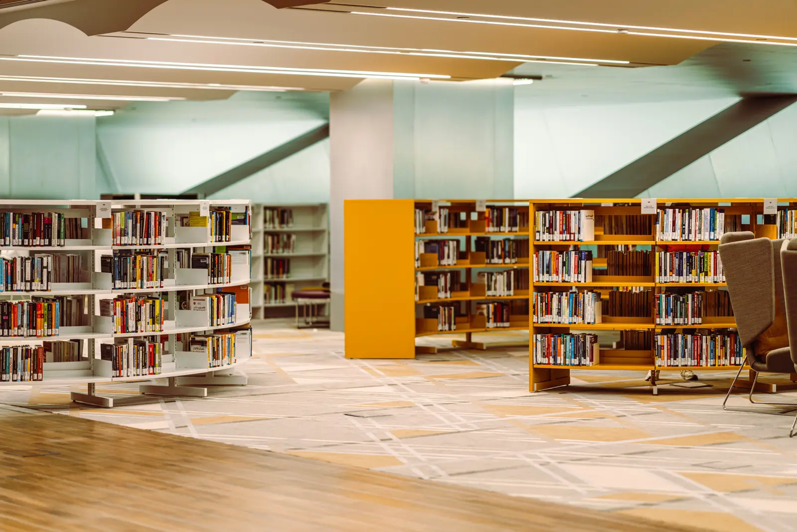 Spacious and well-lit library interior with modern bookshelves in Dubai's academic hub.