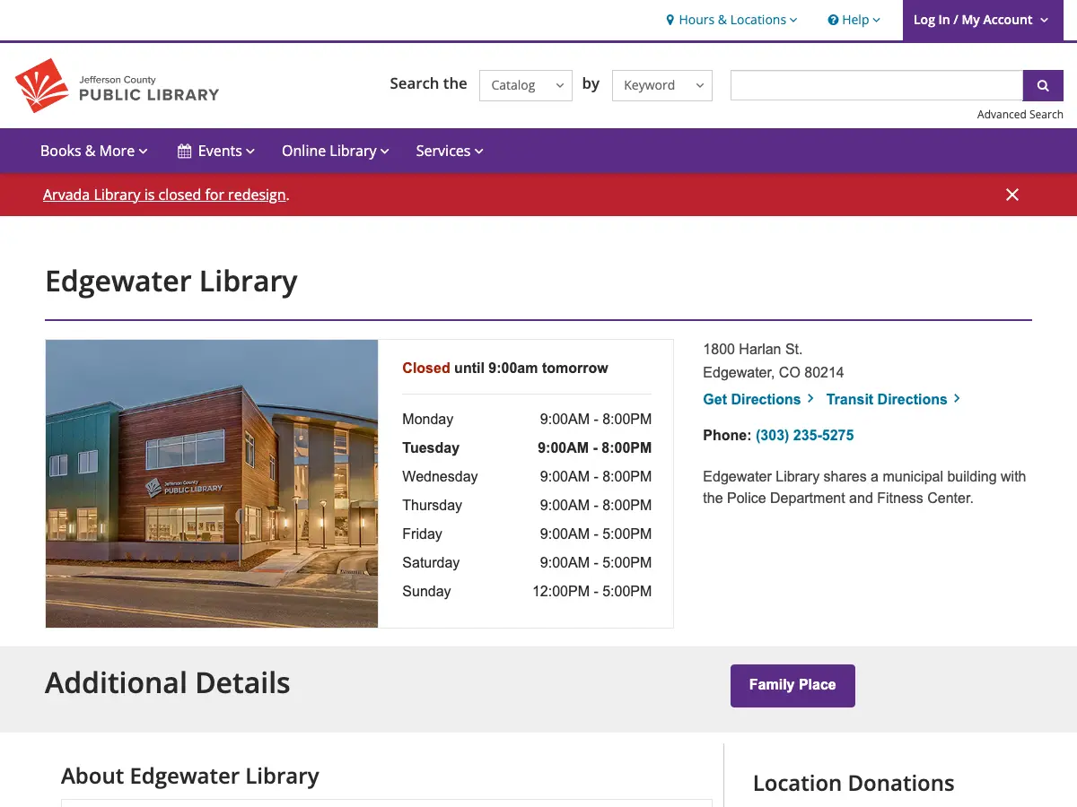 Edgewater library's website