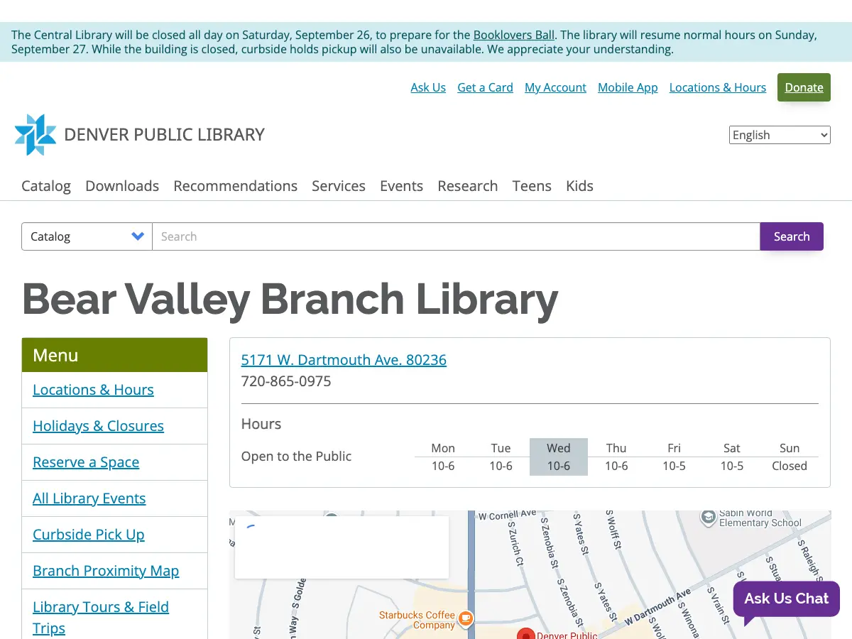 Bear Valley Branch Library's website
