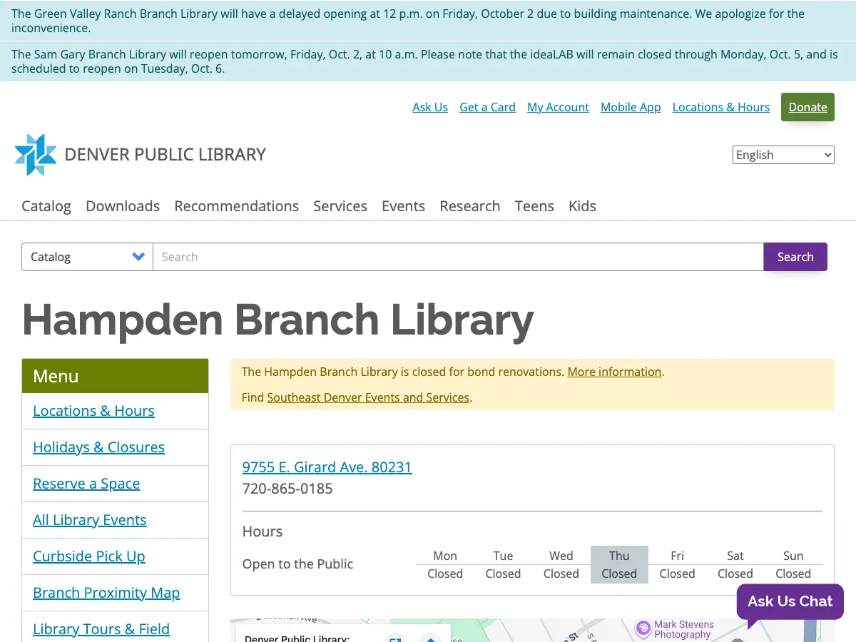 Denver Public Library Hampden Branch's website