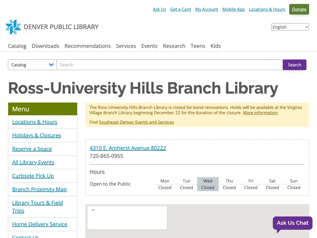 Ross University Hills Branch Library's website