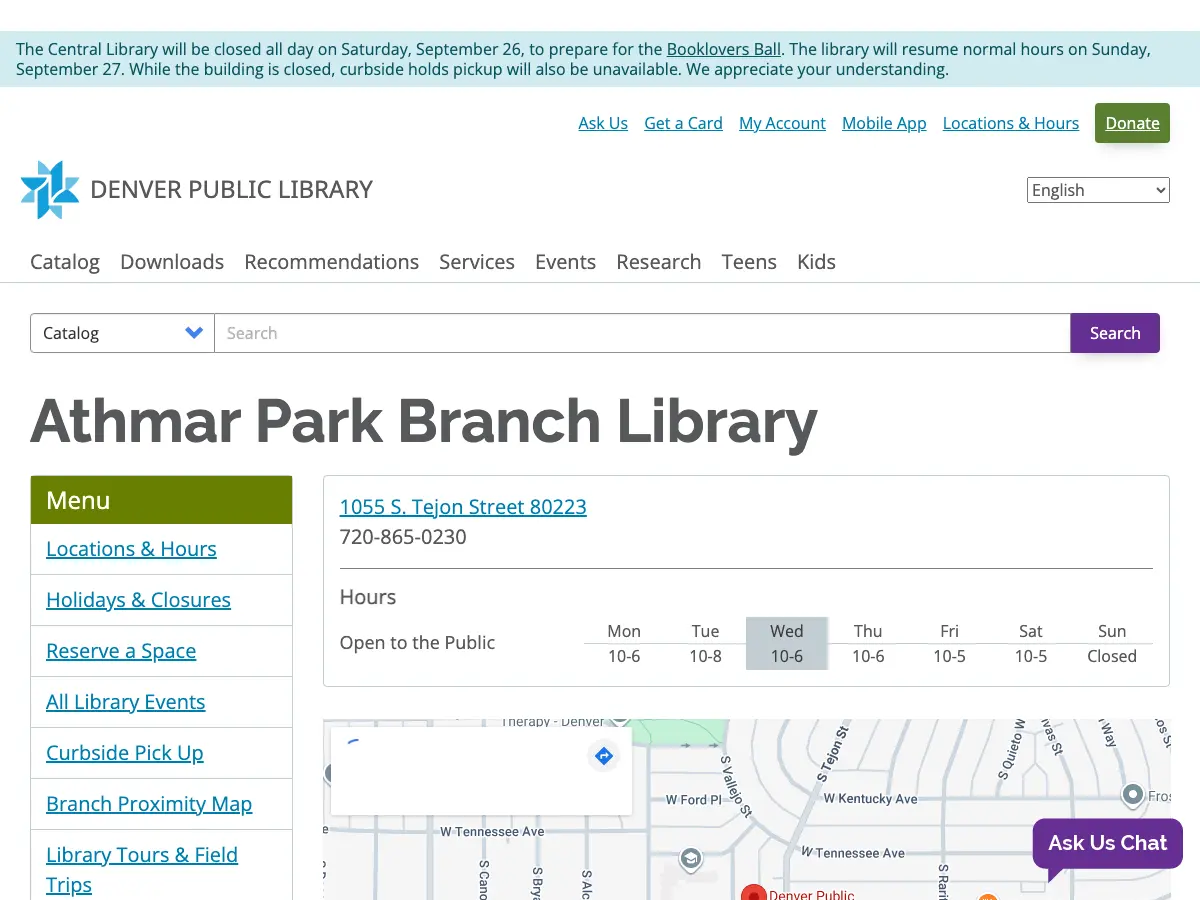 Athmar Park Branch Library's website