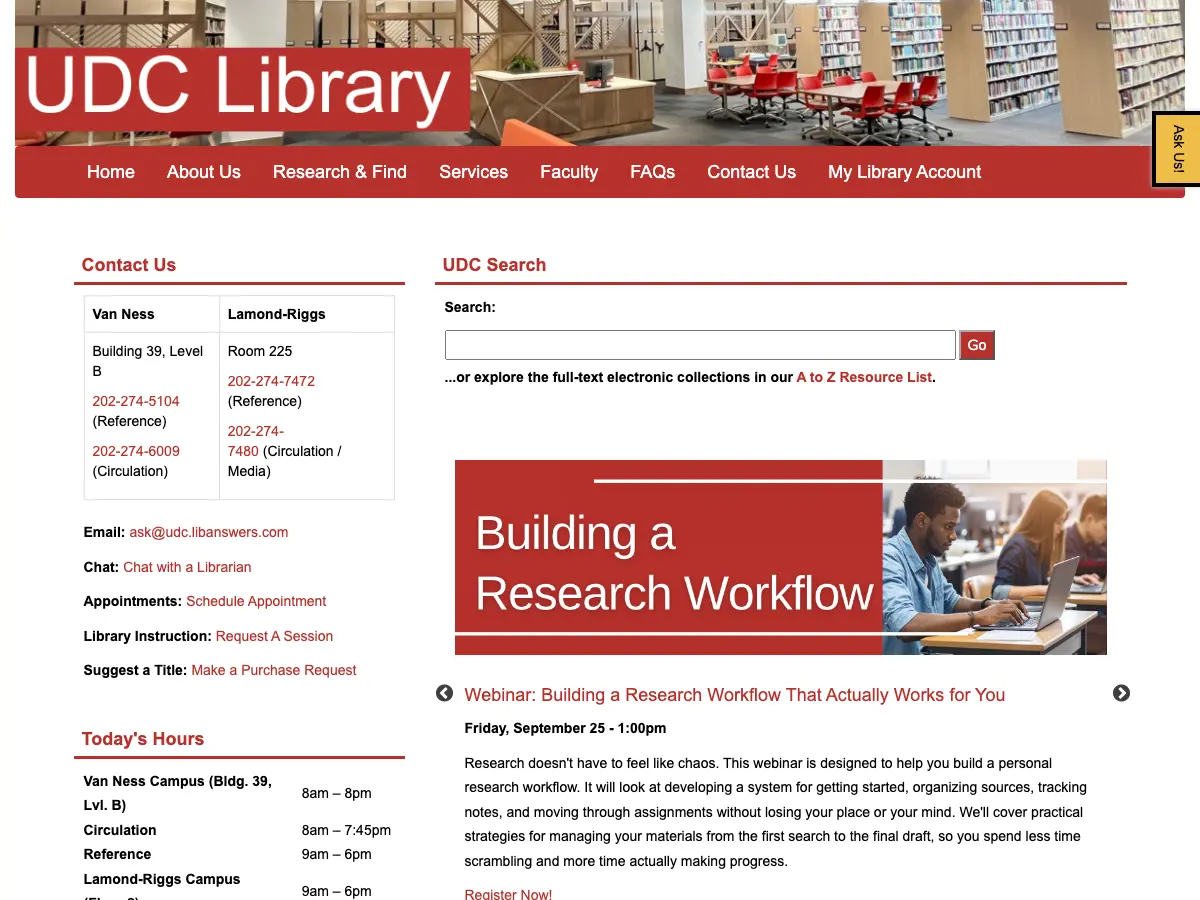 University of the District of Columbia Library, Van Ness Campus's website