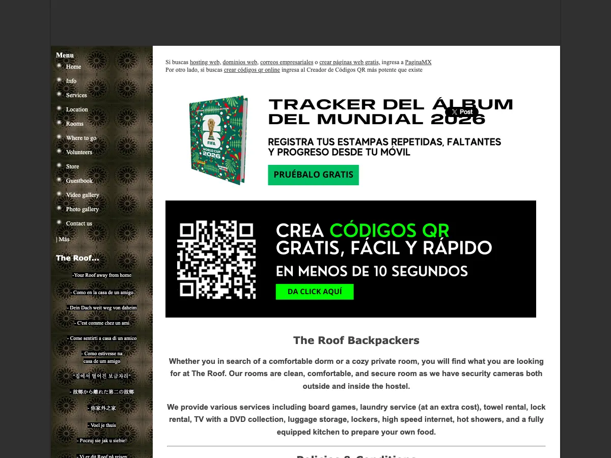 The Roof Backpackers Hostel's website