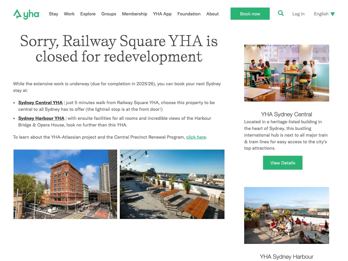 Railway Square YHA's website