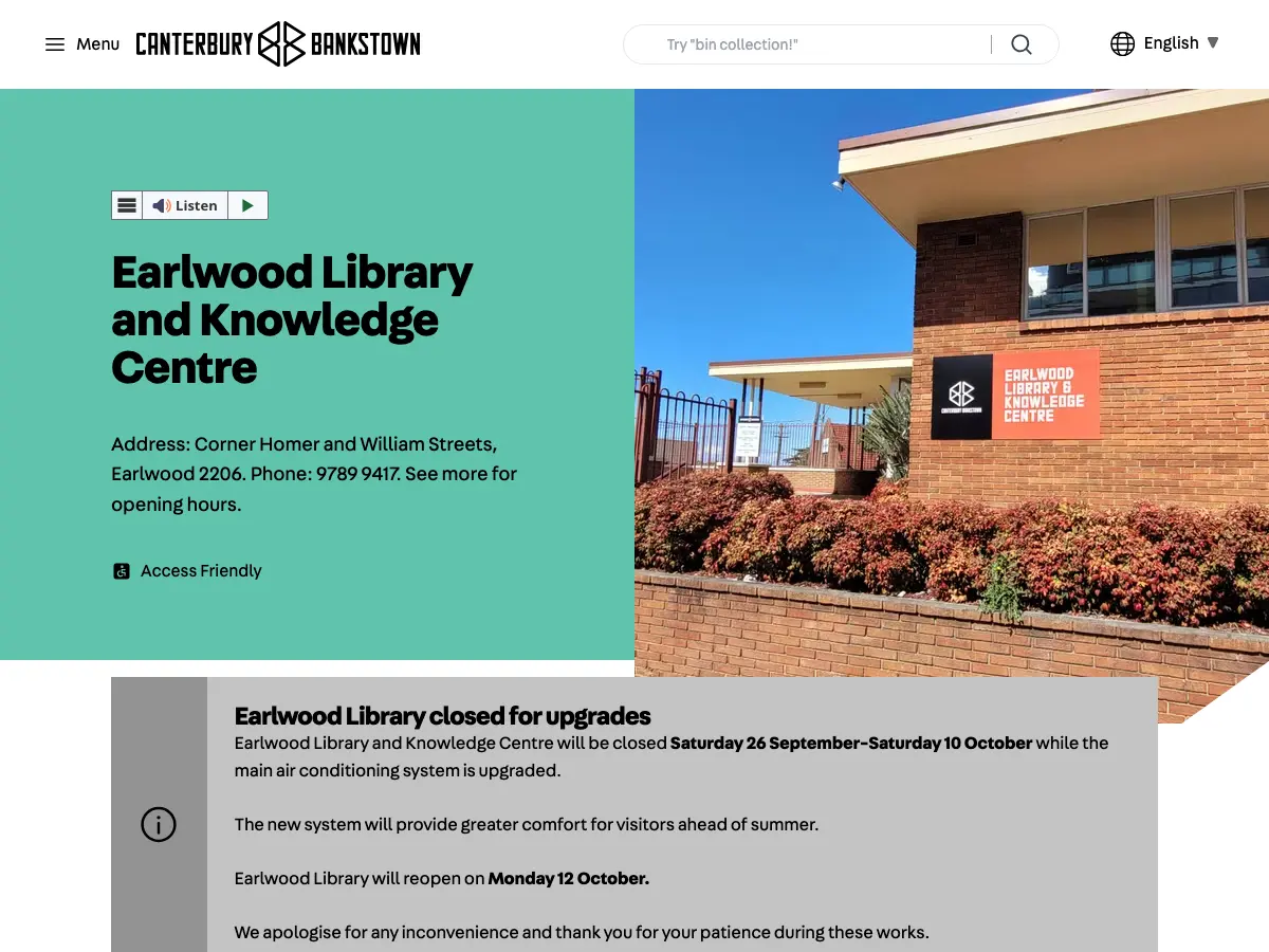 Earlwood Library and Knowledge Centre's website