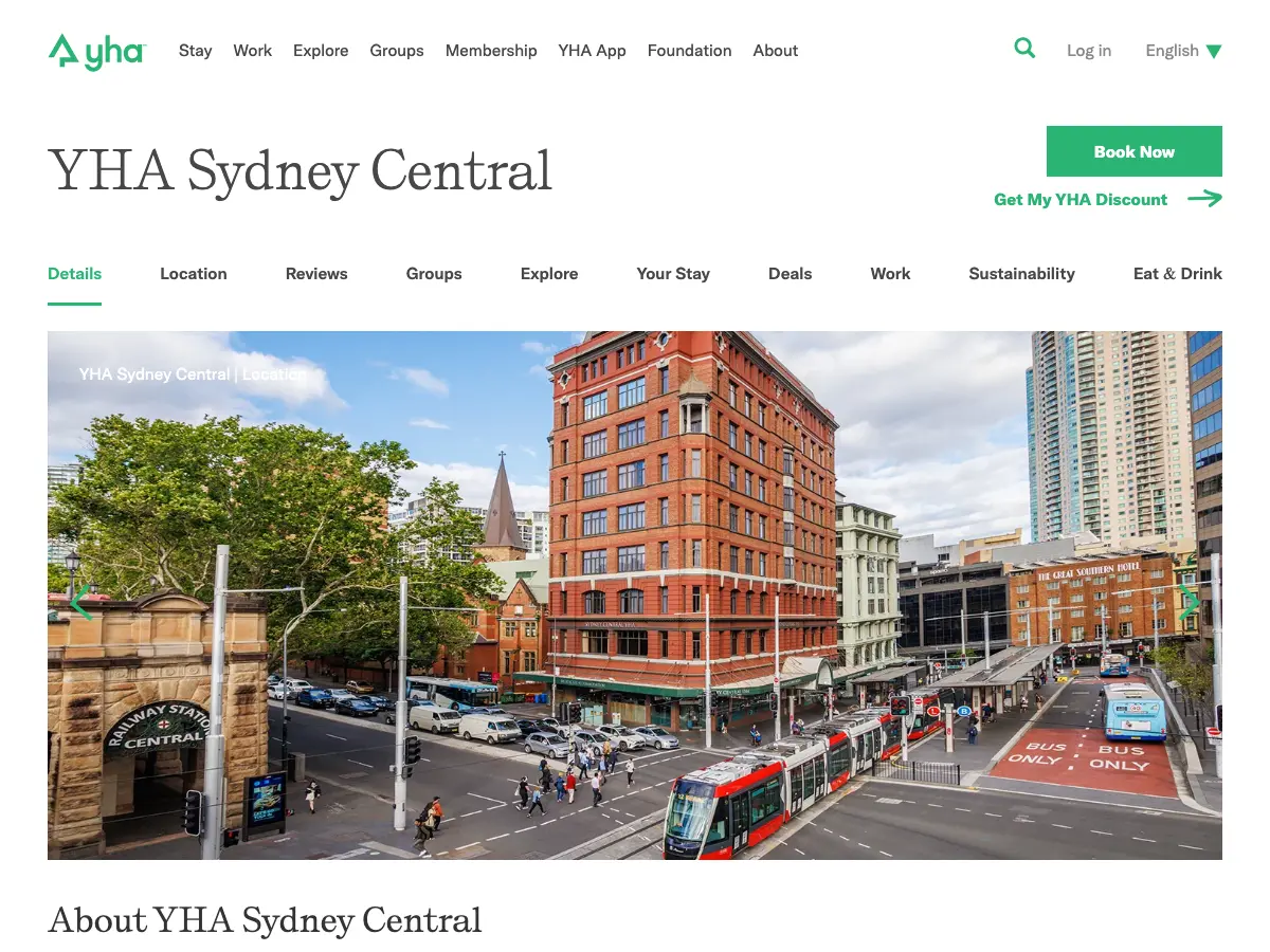 YHA Sydney Central's website