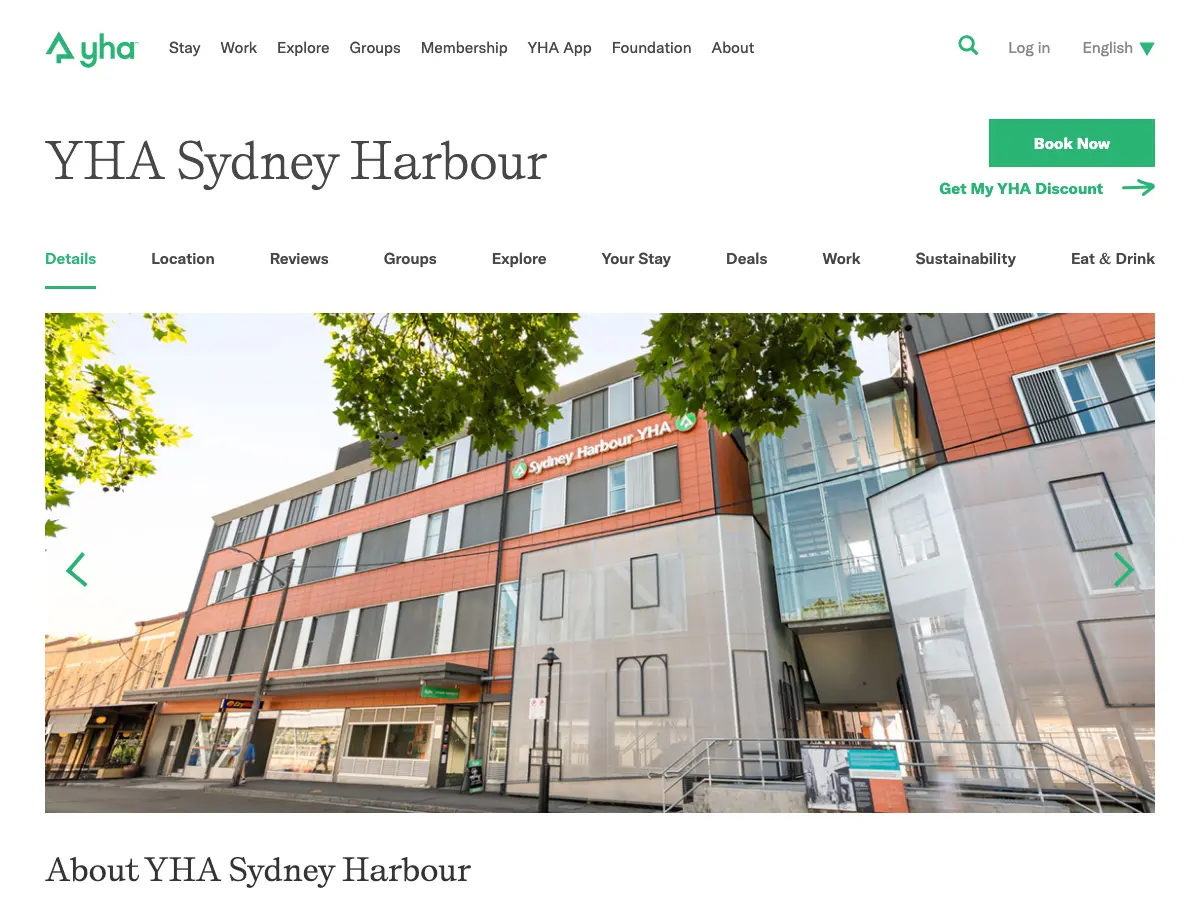 YHA Sydney Harbour's website