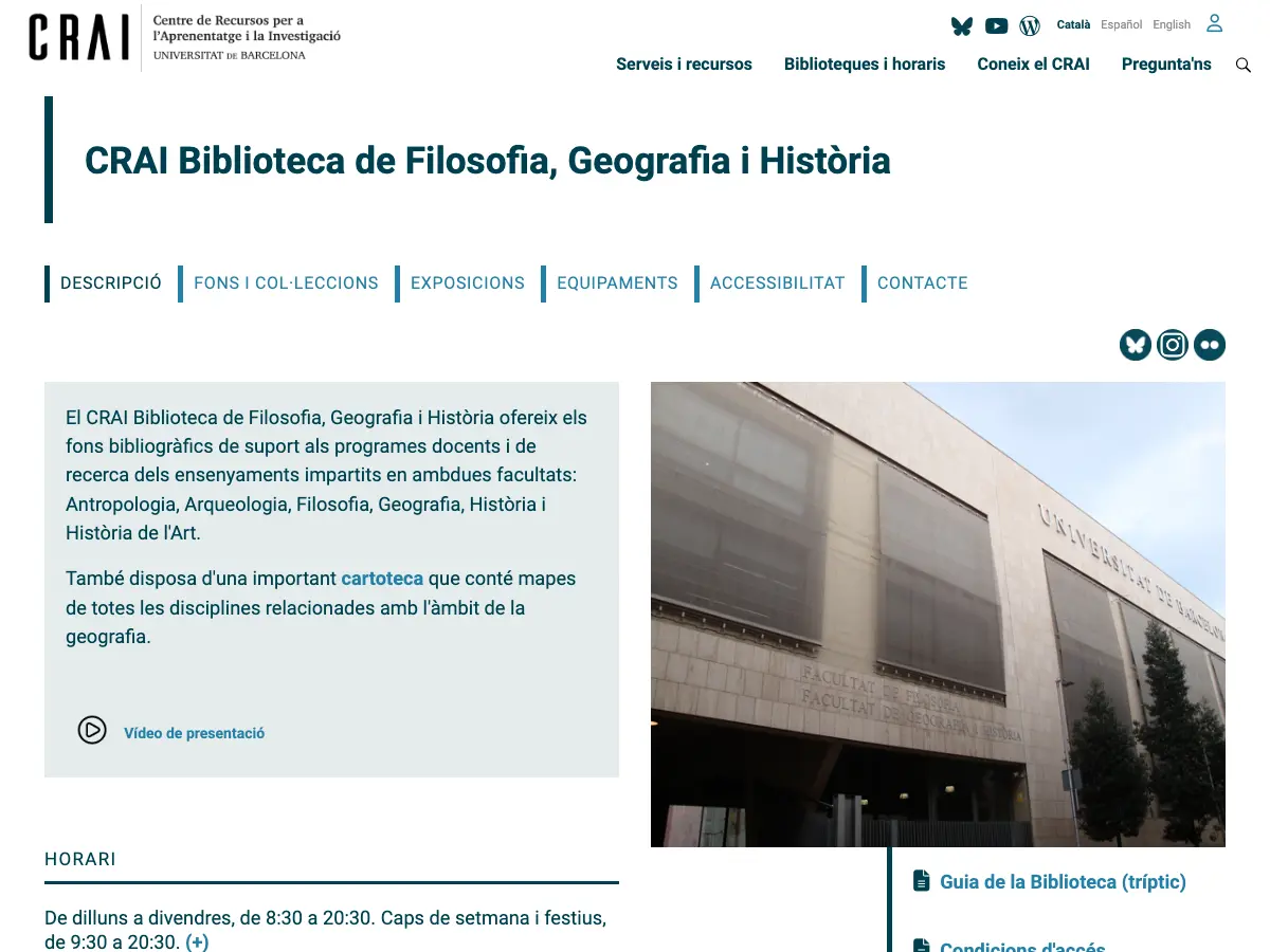 CRAI Biblioteca de Filosofia, Geografia i Història, Universitat de Barcelona's website