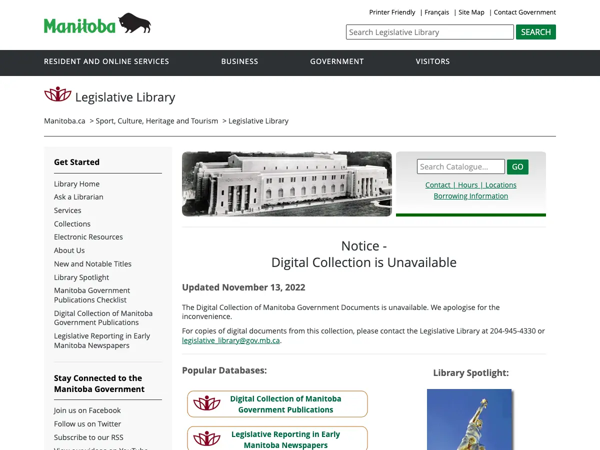 Manitoba Legislative Library's website
