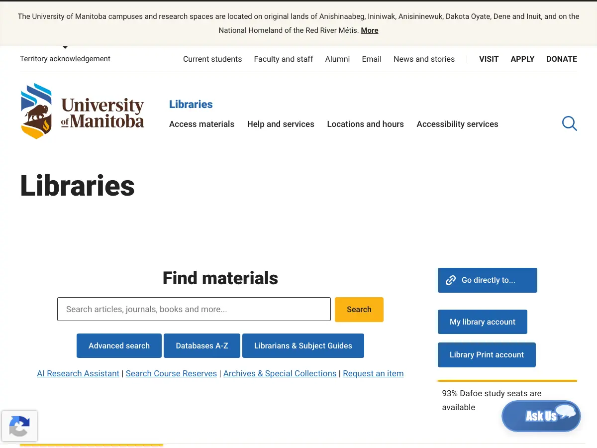 Elizabeth Dafoe Library's website