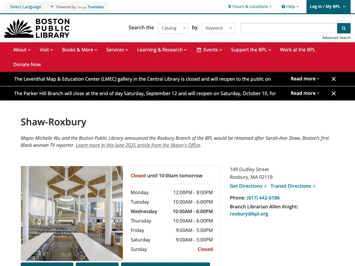 Roxbury Branch of the Boston Public Library's website