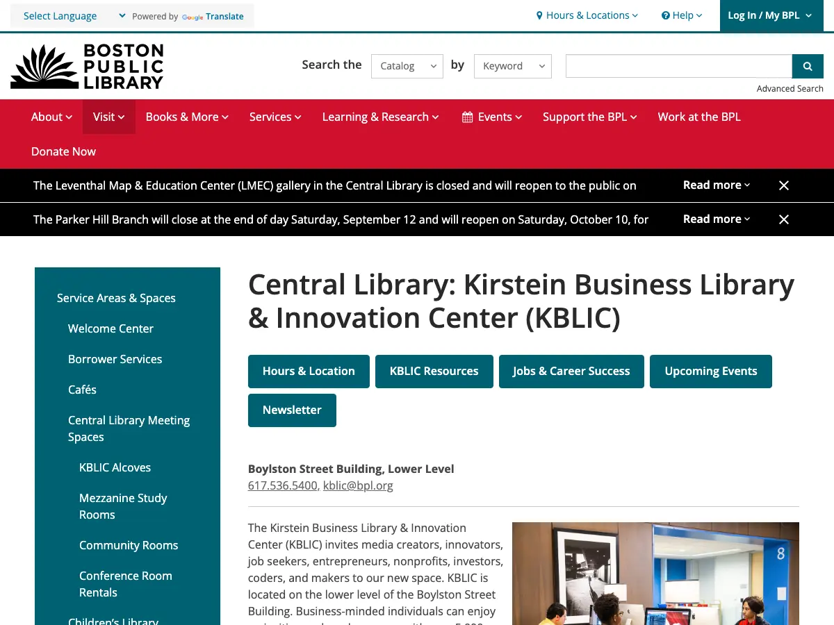 Kirstein Business Library & Innovation Center's website