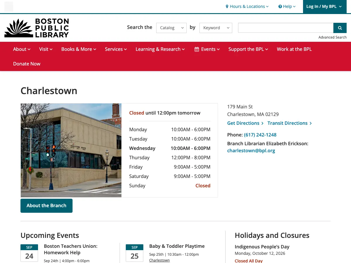 Charlestown Branch of the Boston Public Library's website