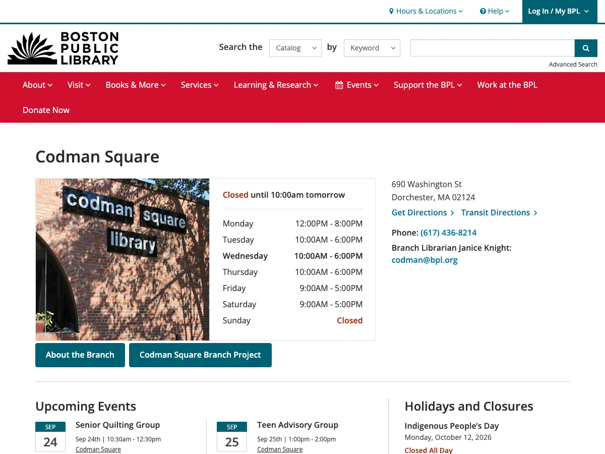 Codman Square Branch of the Boston Public Library's website