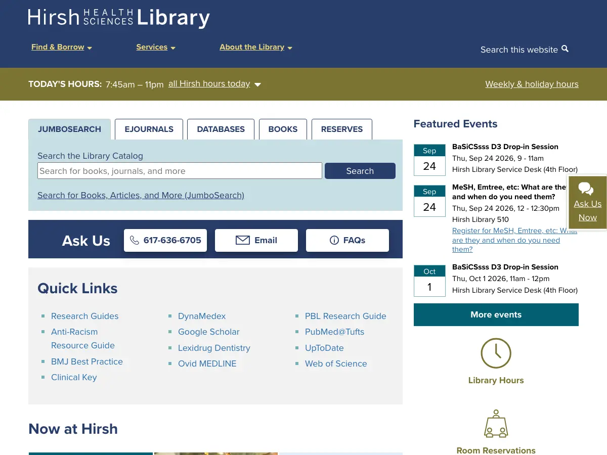 Tufts University Hirsh Health Sciences Library's website