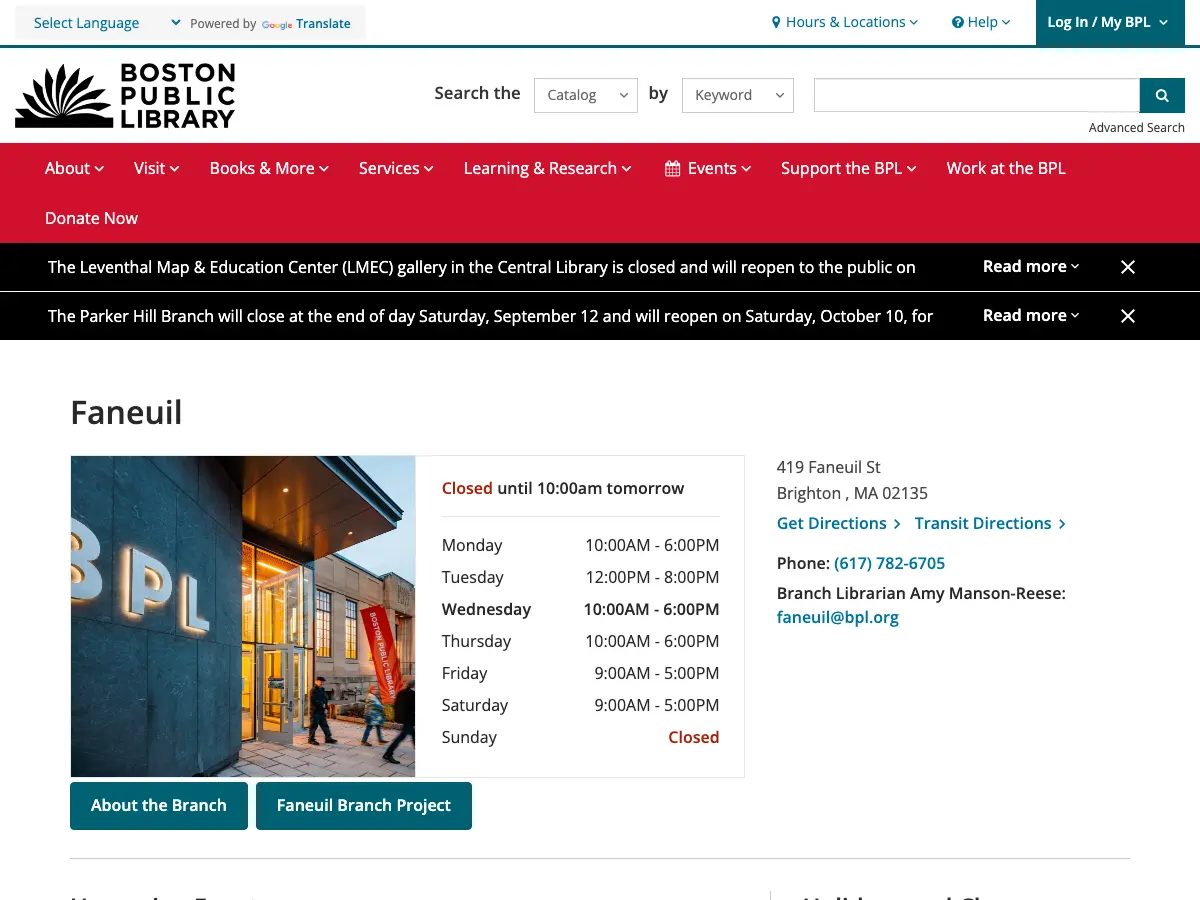 Faneuil Branch of the Boston Public Library's website