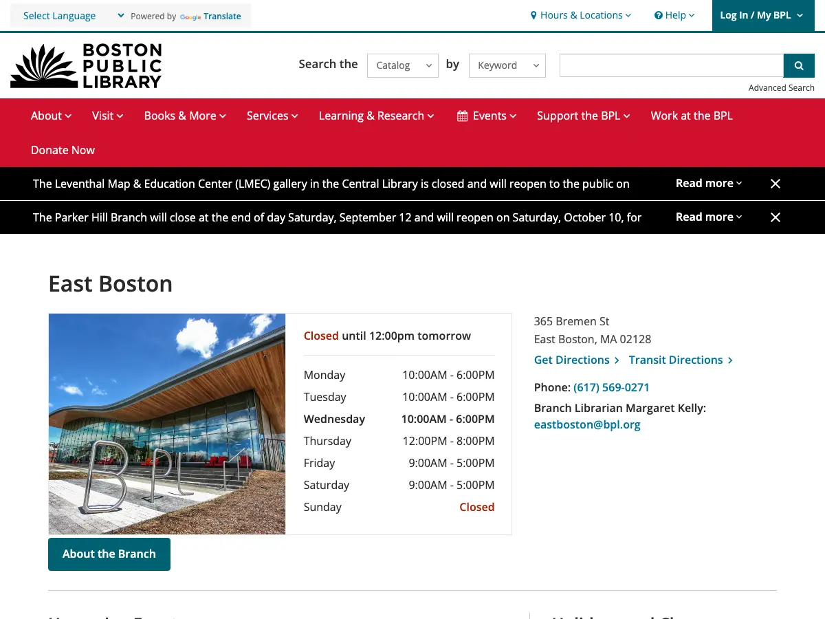 East Boston Branch of the Boston Public Library's website