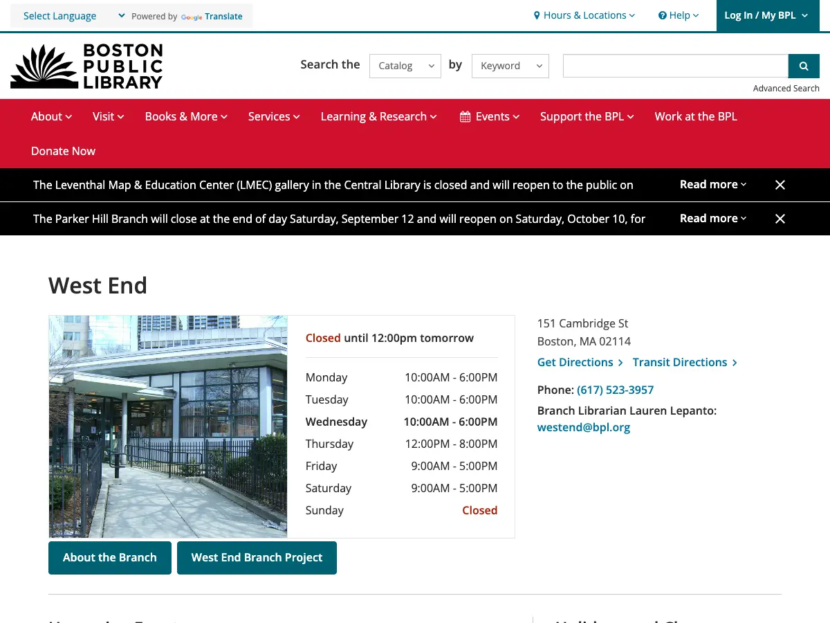 West End Branch of the Boston Public Library's website