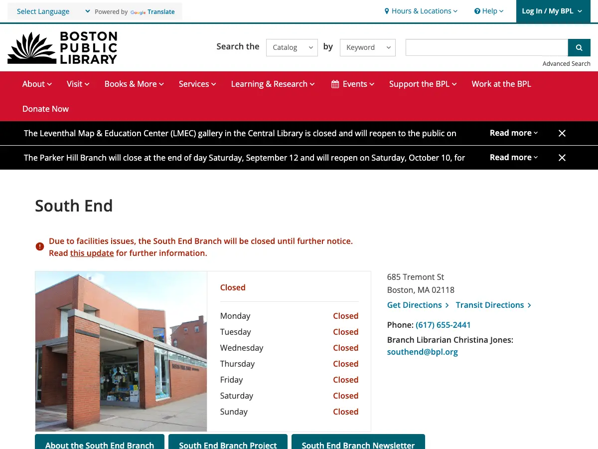 South End Branch of the Boston Public Library's website