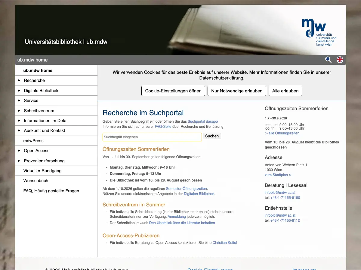 Musik Uni Bibliothek's website