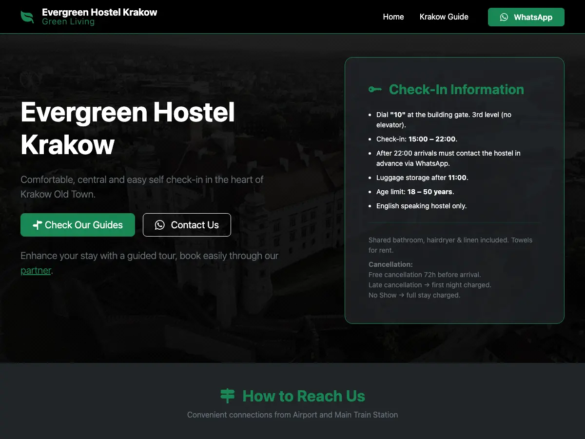 Evergreen Hostel krakow's website