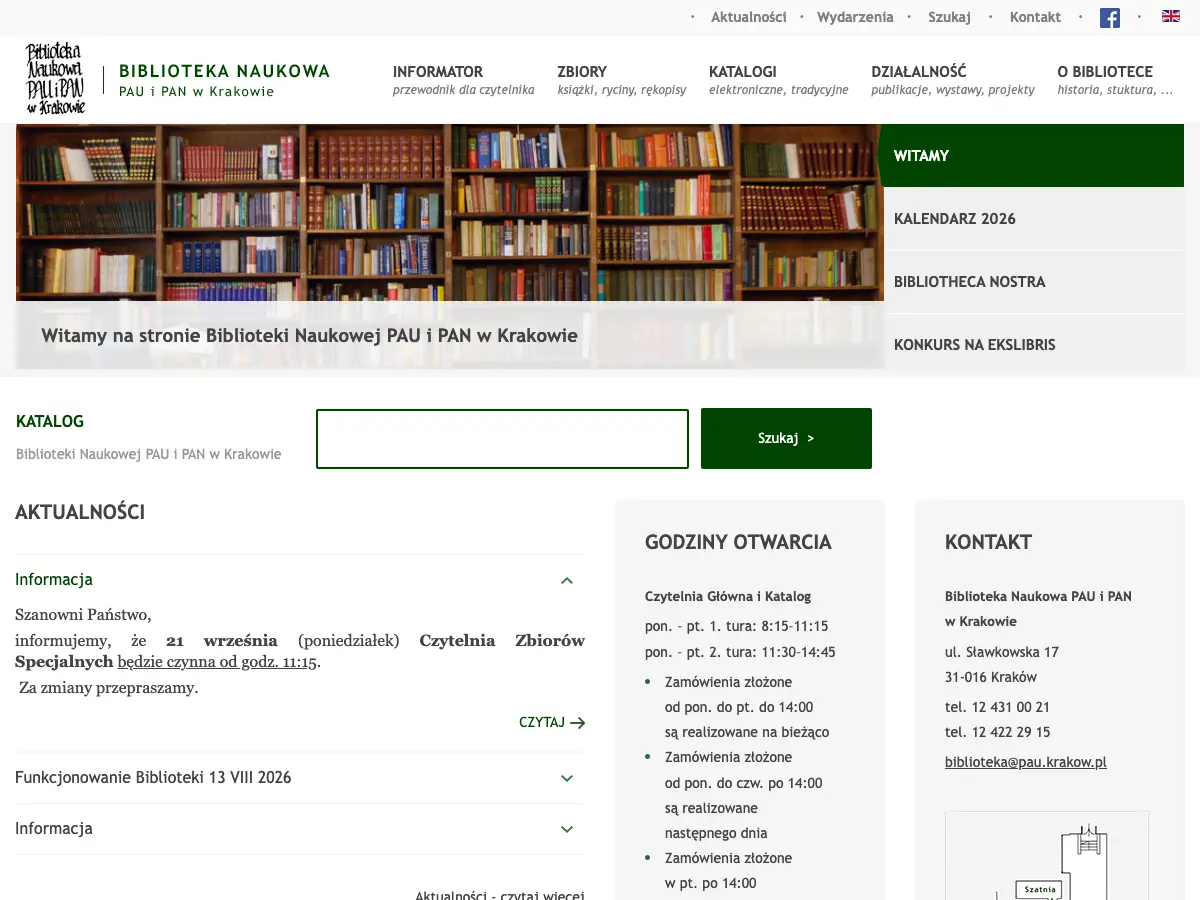 Biblioteka Naukowa PAU i PAN w Krakowie's website