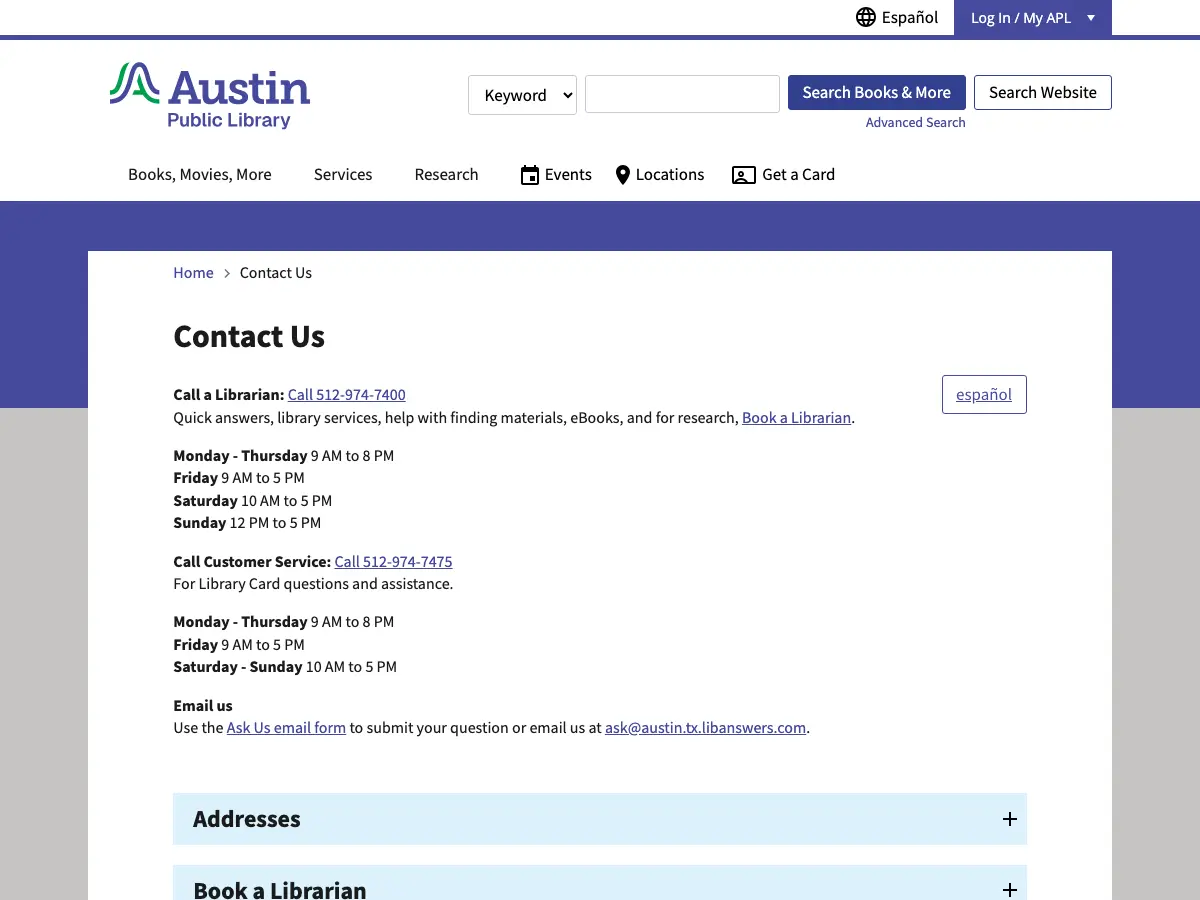 Austin Central Library's website