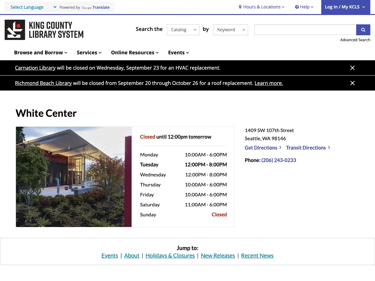 White Center Library's website