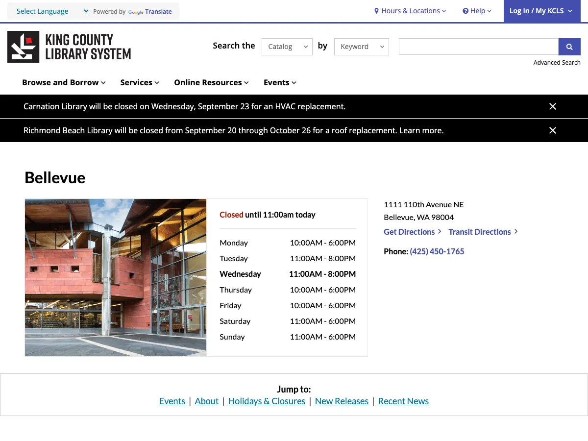 Bellevue Library's website