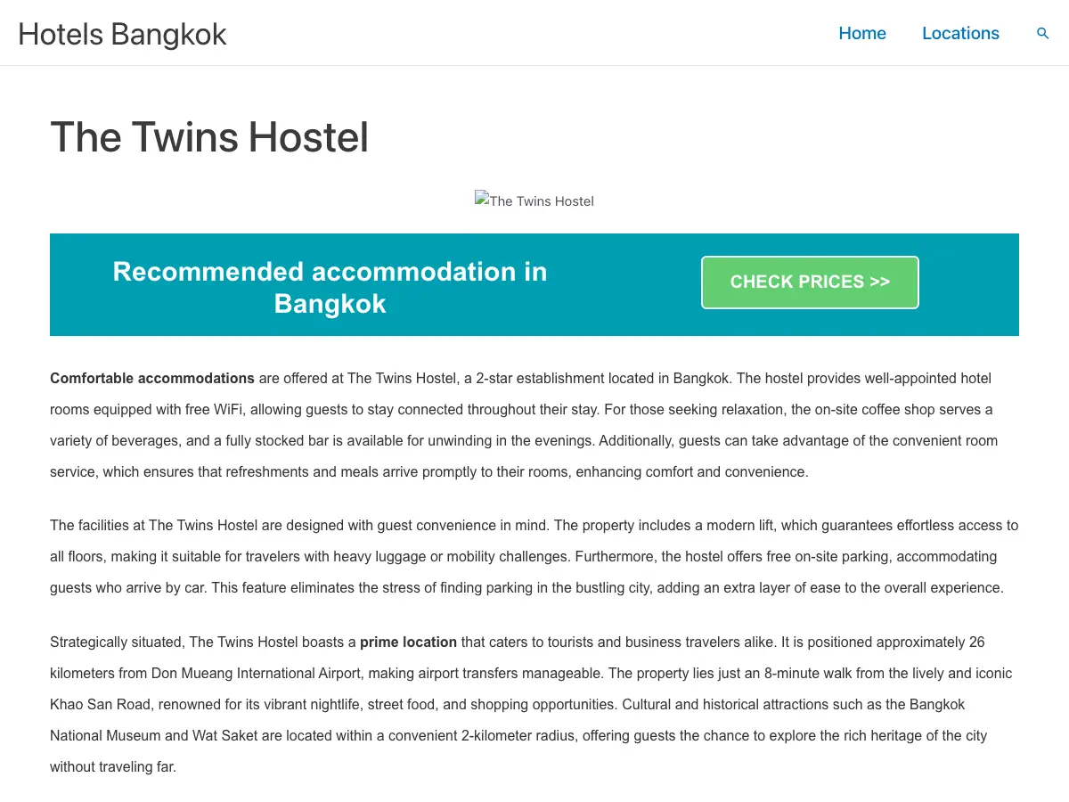 The Twins Hostel's website