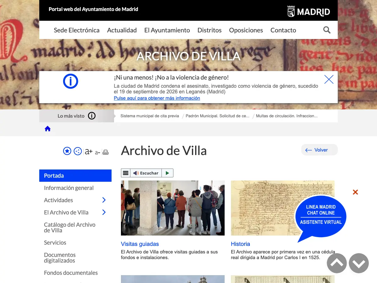 Archivo de la Villa de Madrid's website