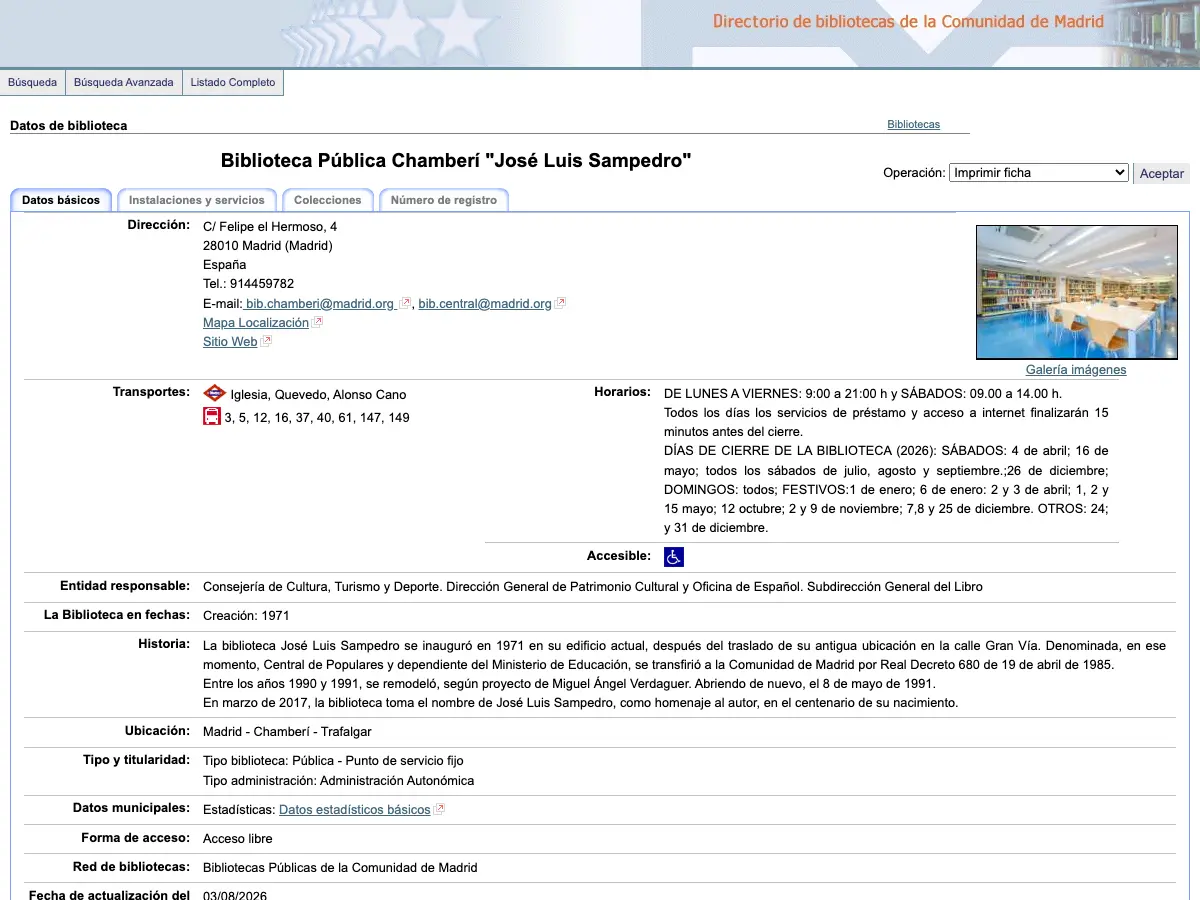 Biblioteca Pública Chamberí «José Luis Sampedro»'s website