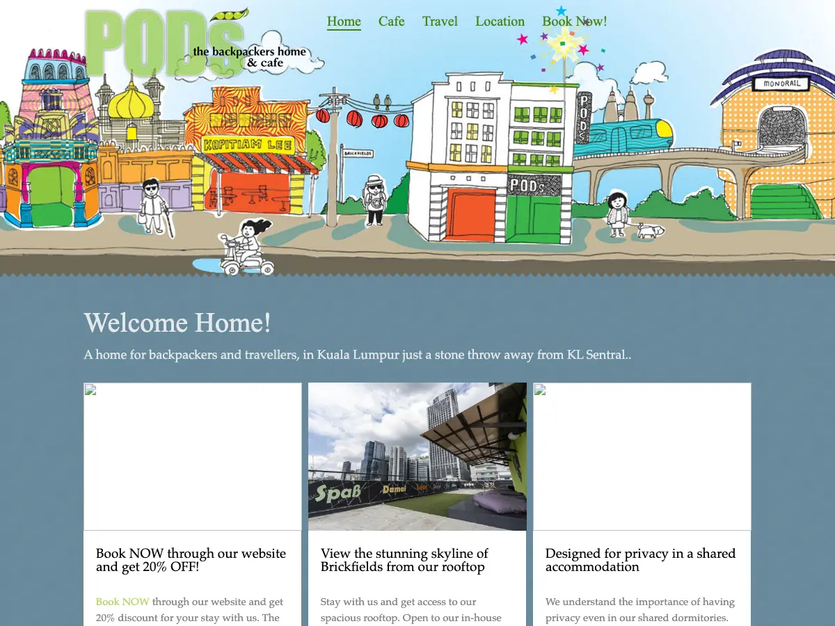 PODs The Backpackers Home and Cafe's website