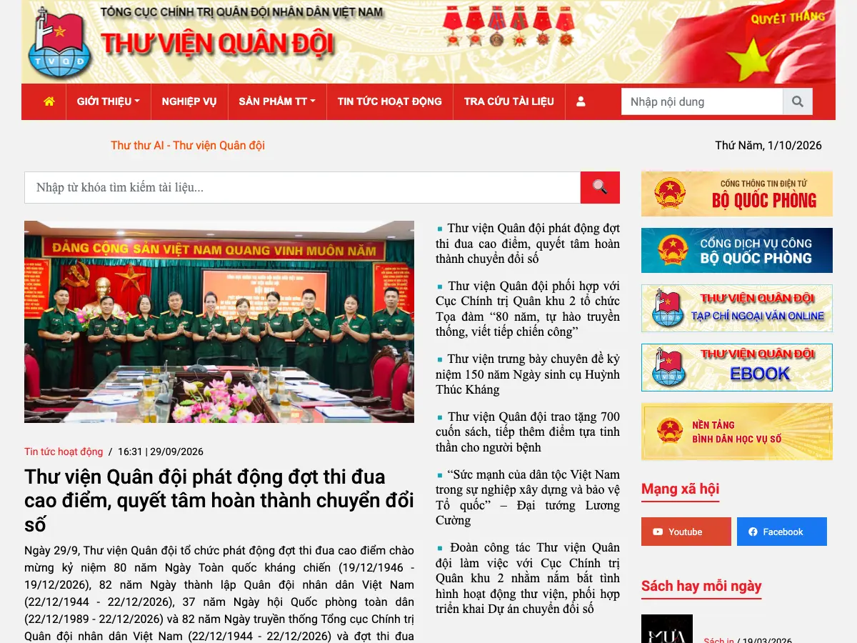 Thư viện Quân đội's website