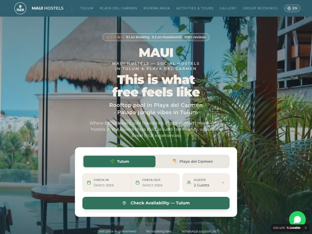 Maui Hostel's website