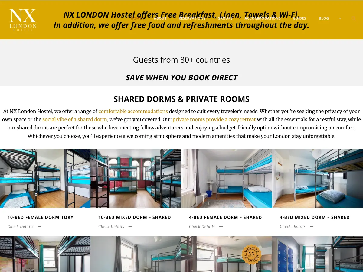 NX London Hostel's website