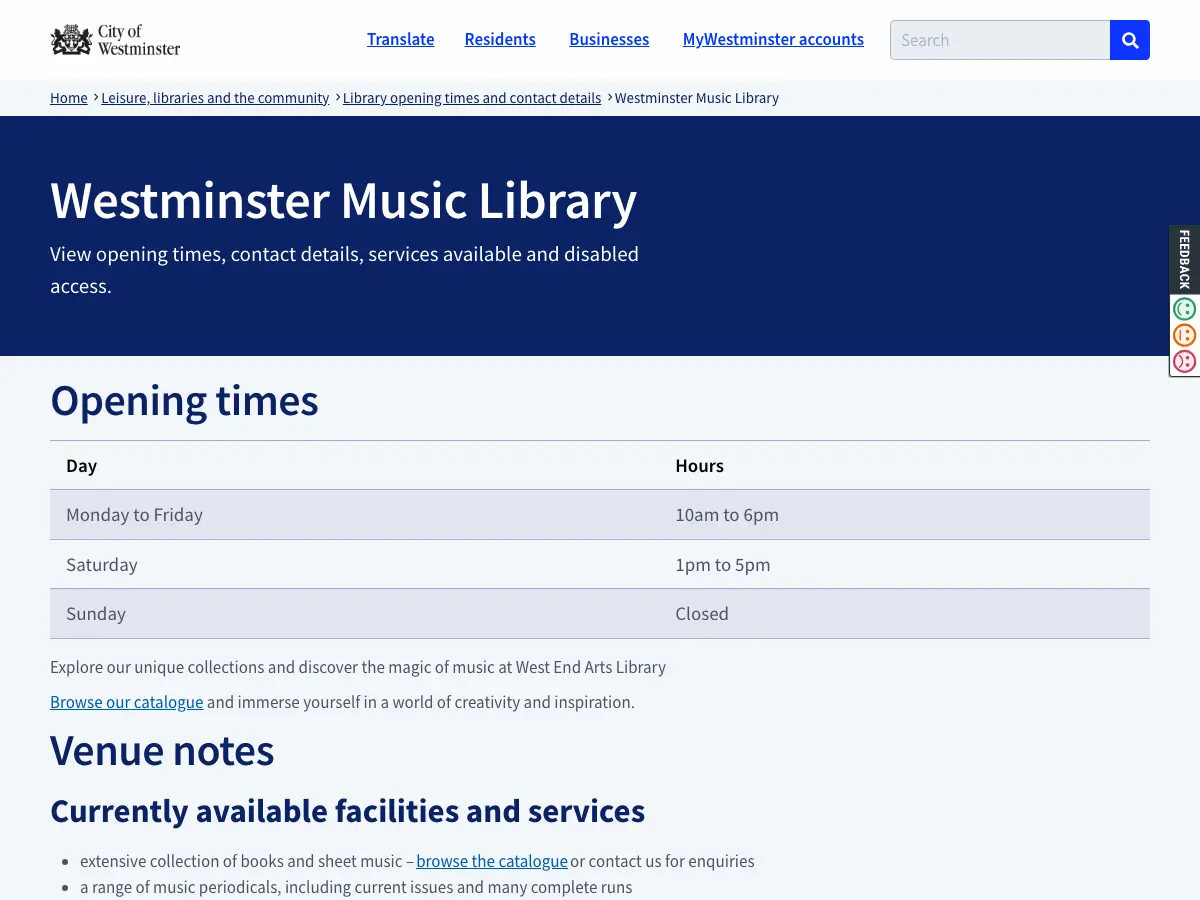 Westminster Reference Library's website
