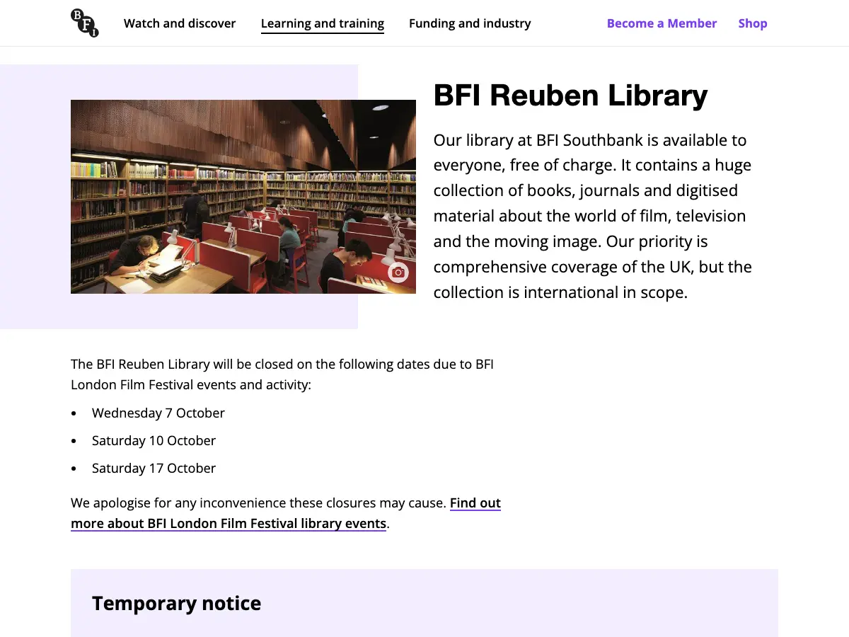 The BFI Reuben Library's website