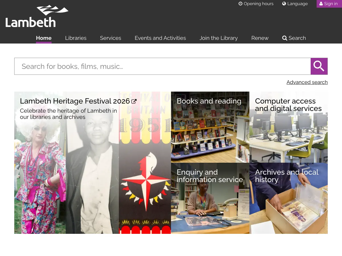 London Borough of Lambeth Libraries's website