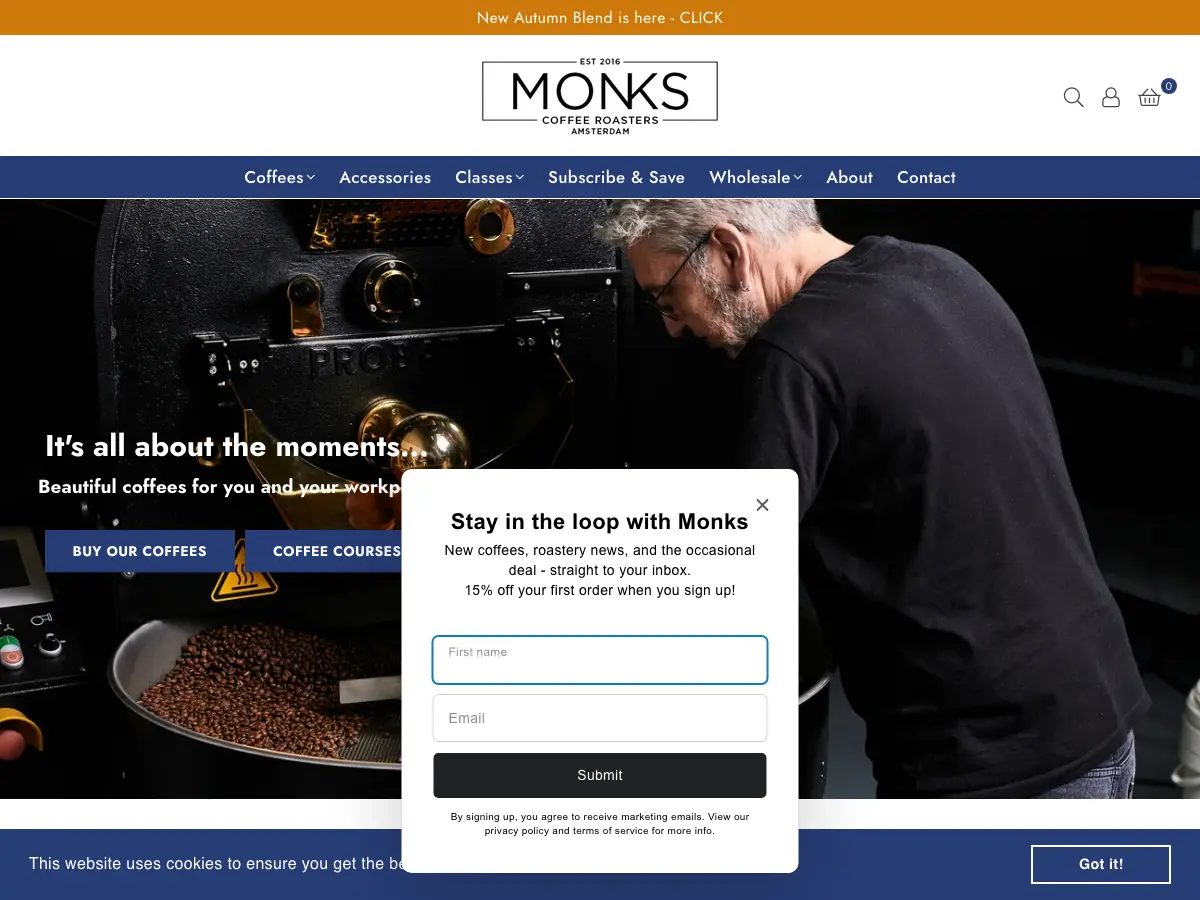 Monks Coffee Roasters's website
