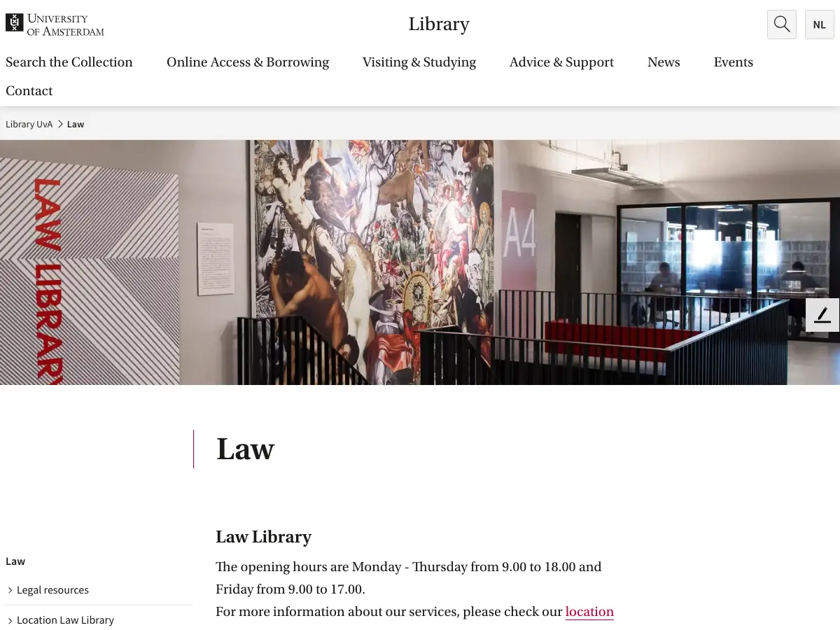 Juridische Bibliotheek (Law Library), Universiteit van Amsterdam's website