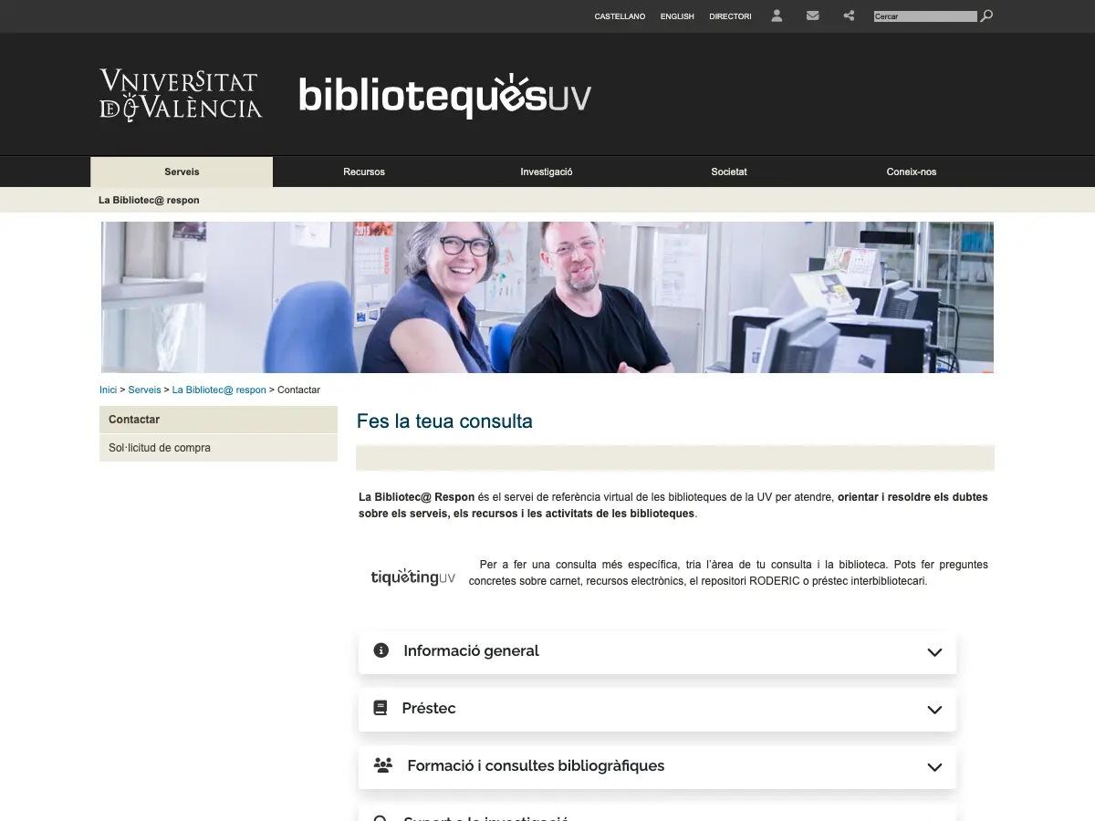 Biblioteca Històrica Universitat de València's website