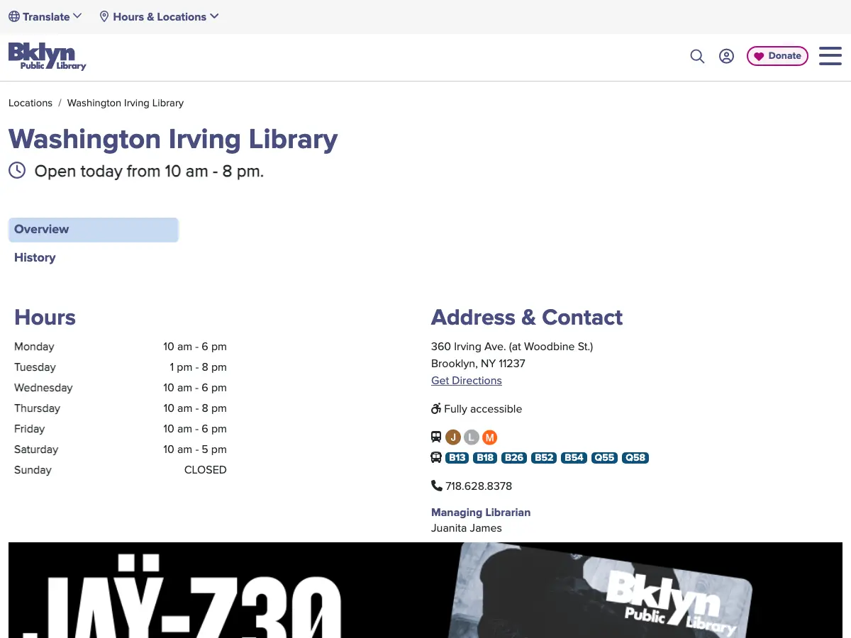 Brooklyn Public Library - Washington Irving Branch's website