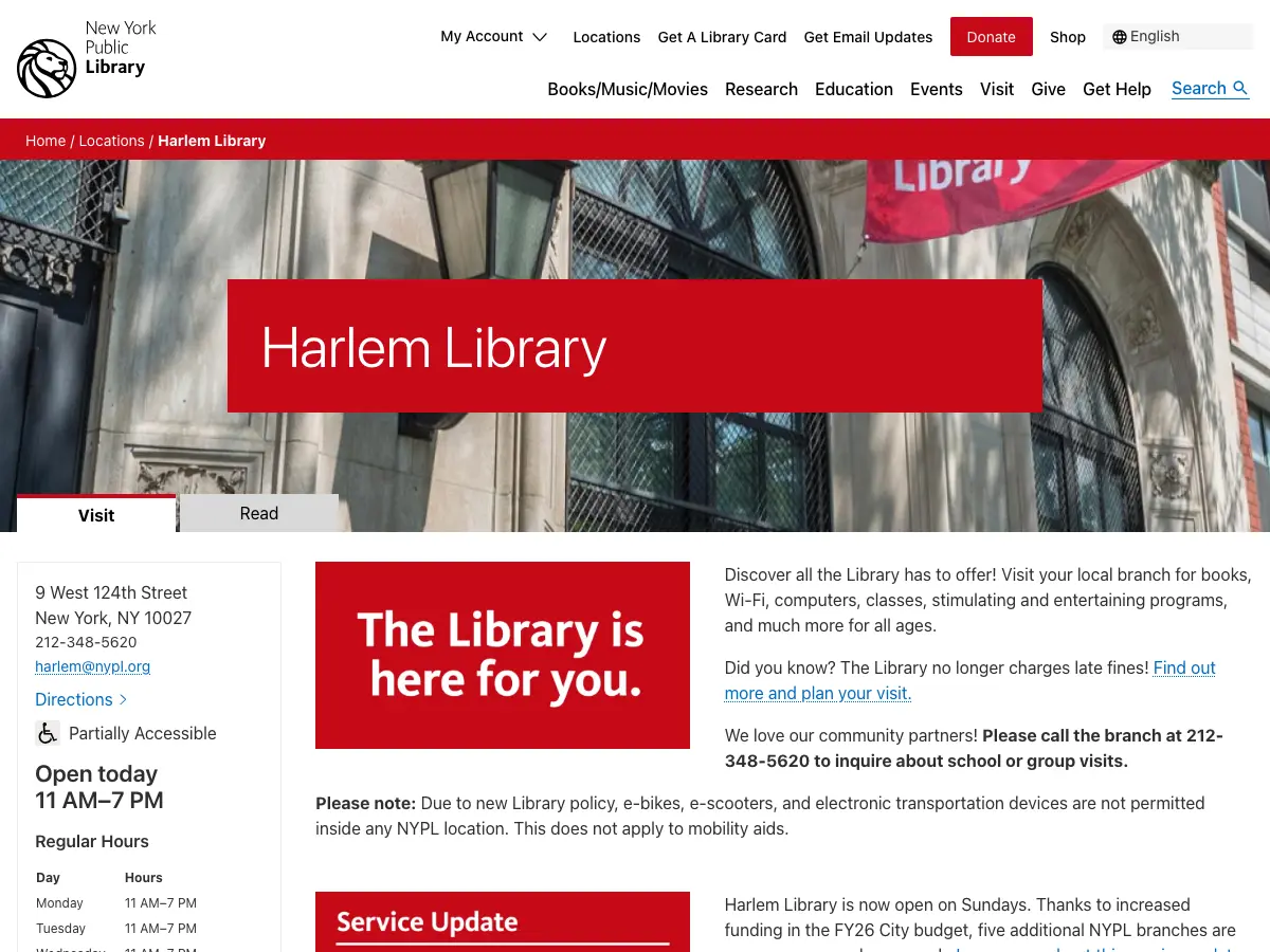 Harlem Library's website