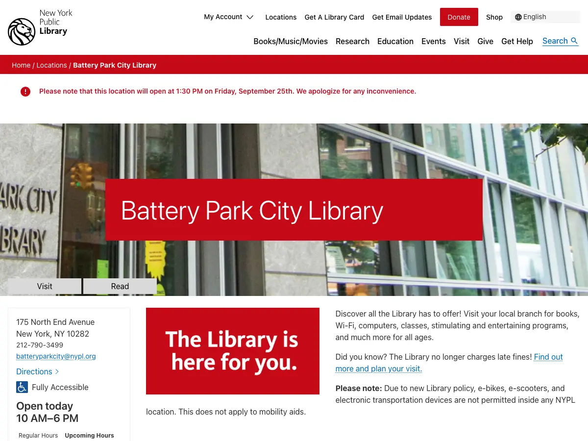 Battery Park City Library's website