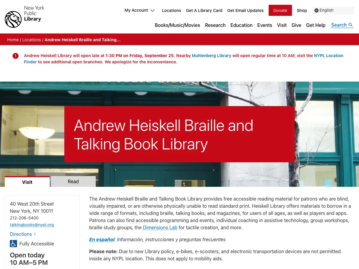 Andrew Heiskell Braille and Talking Book Library's website