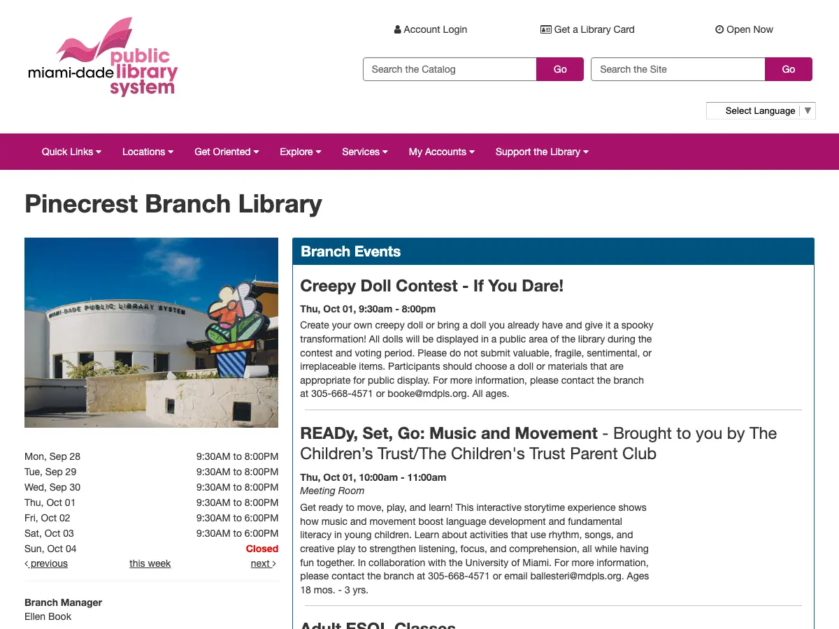 Pinecrest Library's website