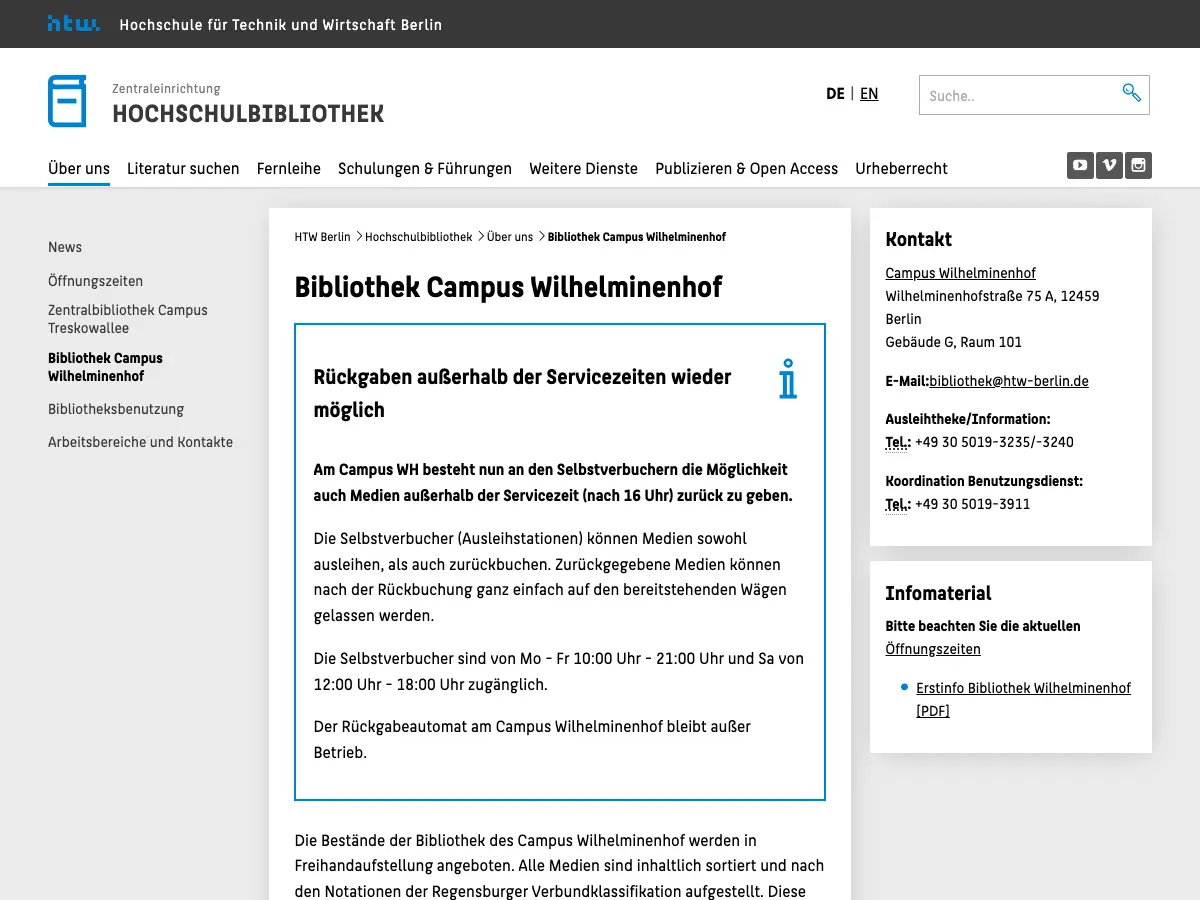 Bibliothek Campus Wilhelminenhof's website