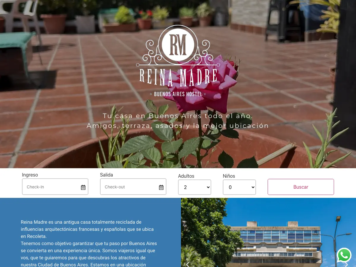 Reina Madre Hostel's website